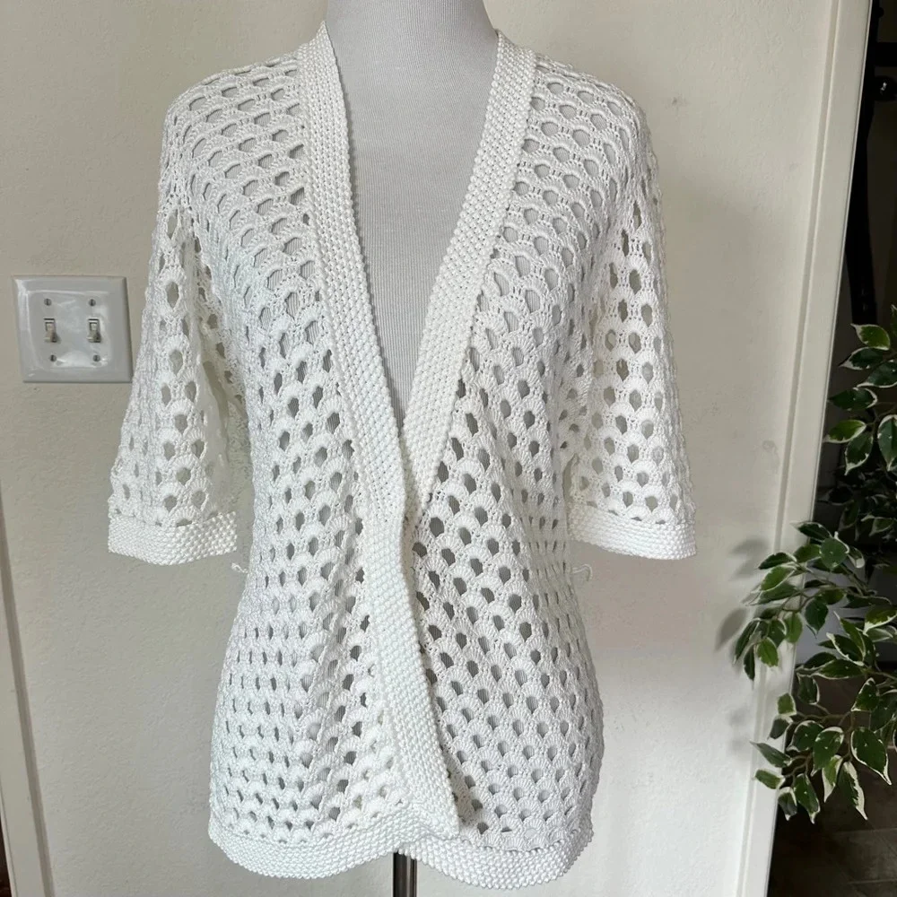 Liz Claiborne 100% COTTON White Hollow Out Open Front Cardigan Medium - Picture 1 of 7